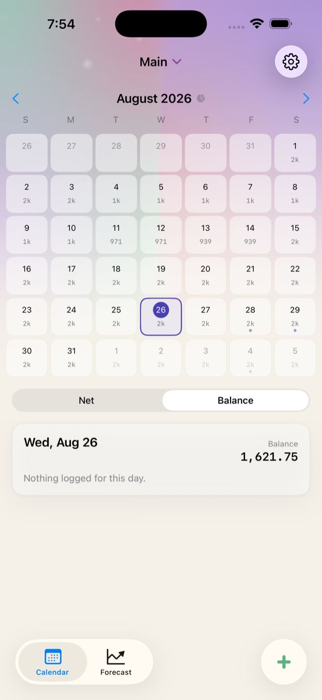 Tipid calendar showing a running balance on every day of the month
